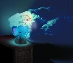 Illustration of the Homedics MyBaby Comfort Creatures Elephant on nightstand near sleeping child