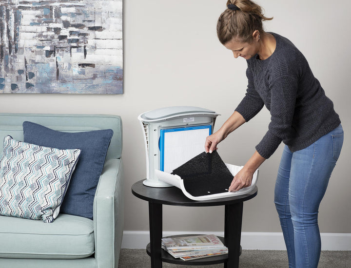 Woman adds new Homedics TotalClean Replacement Carbon Pre-Filter to TotalClean on table