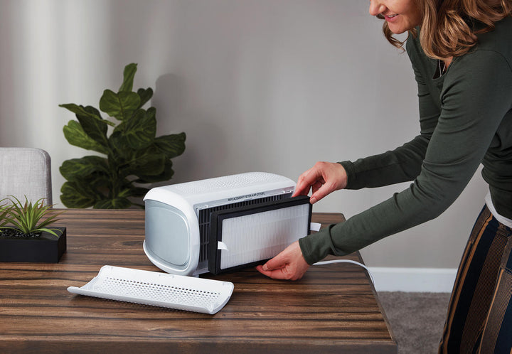Homedics TotalClean Replacement Hepa-Type Filter next to TotalClean on desk