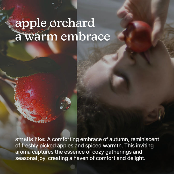 Close-up of a red apple with water droplets and a person smelling an apple, with text about the aroma  SereneScent™ Apple Orchard.