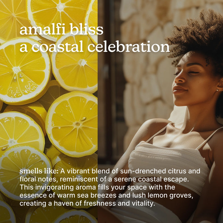 Woman sitting in a chair with lemons and text about SereneScent™ Amalfi Bliss and a coastal celebration.