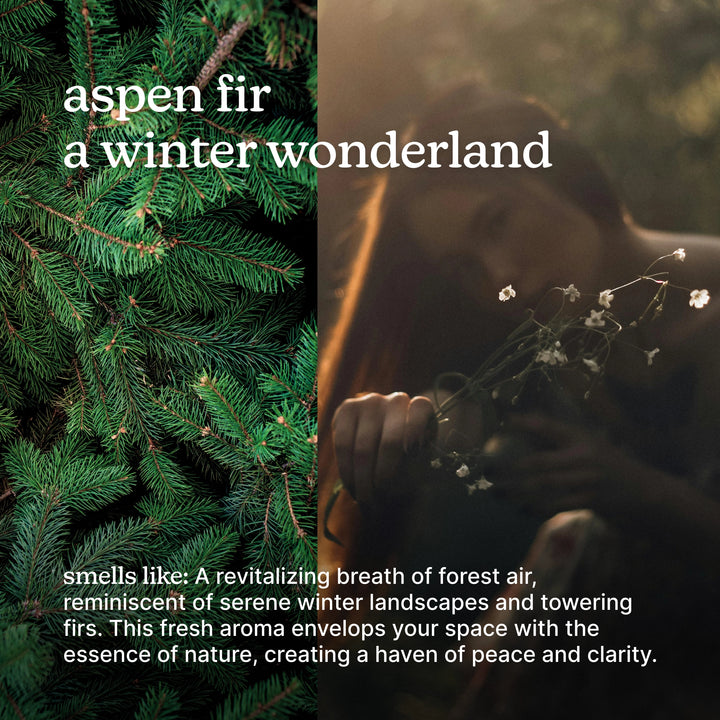 Aspen fir branches with a person holding flowers, text overlay about SereneScent™ Aspen Fir.