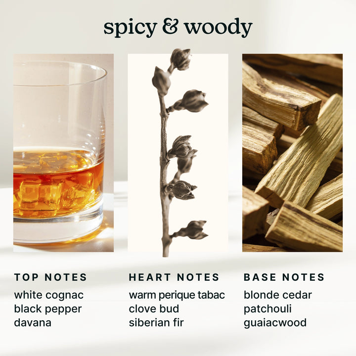 spicy and woody images including white cognac, clove bud and blonde cedar.
