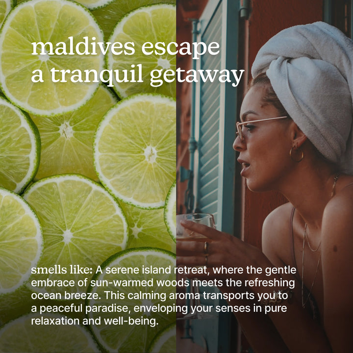 Woman with a towel on her head holding a glass, next to lime slices with text about the Maldives.