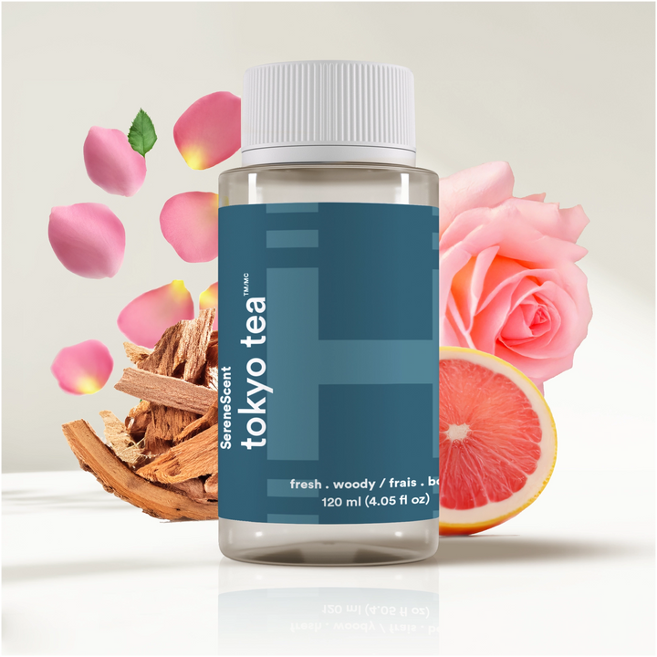 SereneScent™ Tokyo Tea with floral and natural elements on a light background