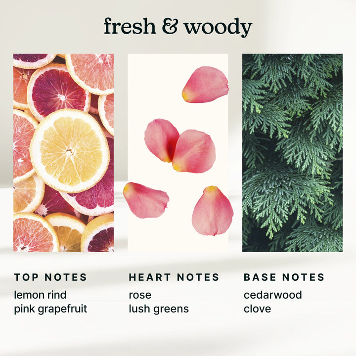 fresh and woody with imagery and descriptions of scent including pink grapefruit, rose pedals, and cedarwood.