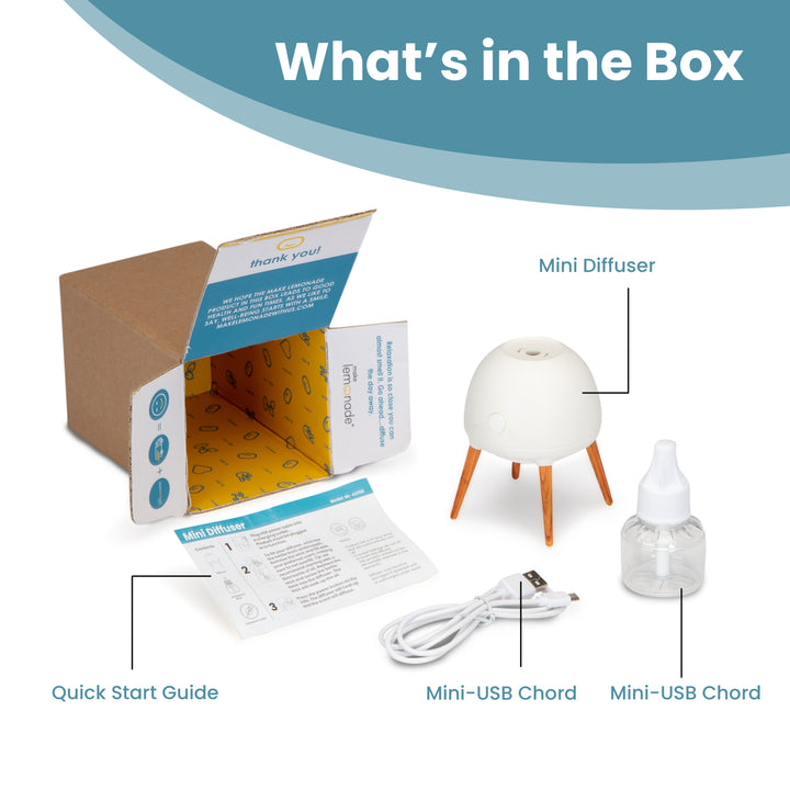 Make Lemonade Mini Aroma Diffuser comes with a mini-usb chord and quick start guide