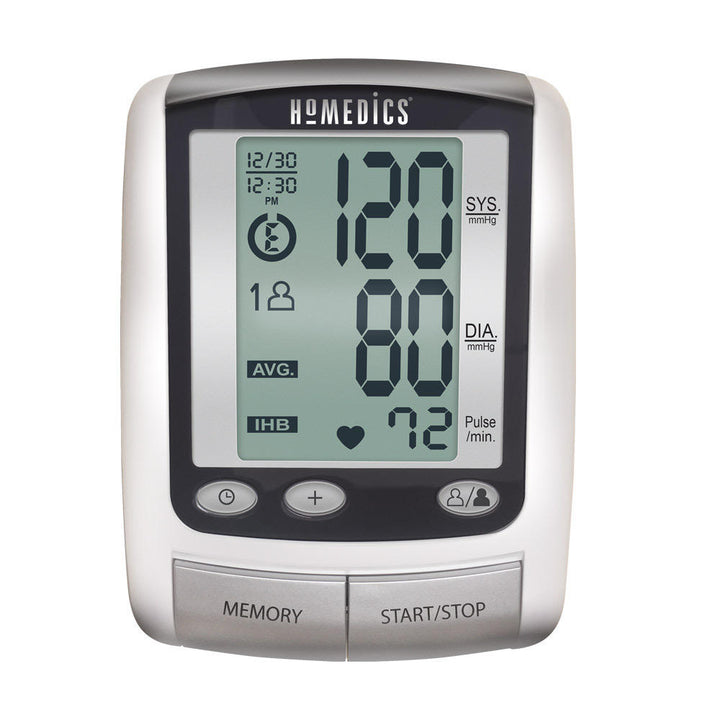 Angled view of the Homedics Deluxe Arm Blood Pressure Monitor with Smart Measure Technology with cuff