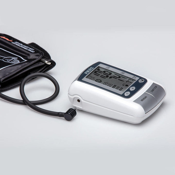 Angled view of the Homedics Deluxe Arm Blood Pressure Monitor with Smart Measure Technology with cuff