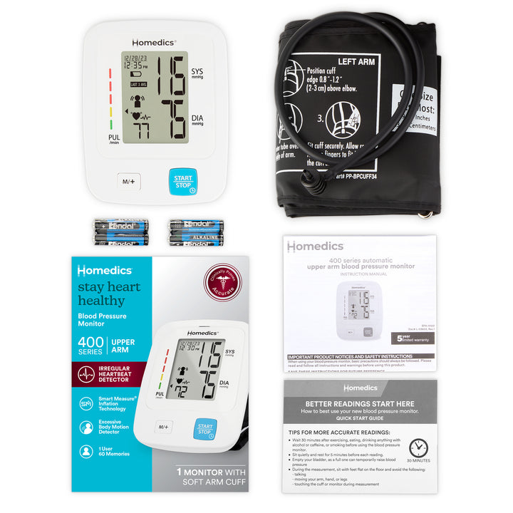 contents in the box of Homedics® Upper Arm 400 Series Blood Pressure Monitor