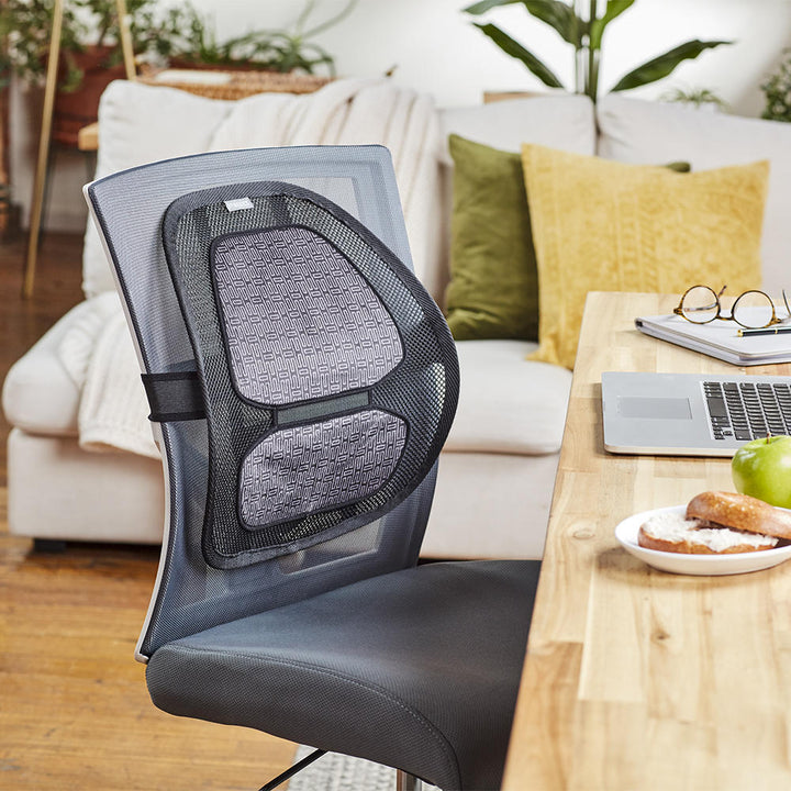 Homedics Contouring Back Support with Soothing Heat attached to office chair at desk