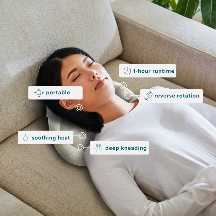 Woman reclines on couch while receiving a massage from the Homedics Total Recline Neck Massager with list of features