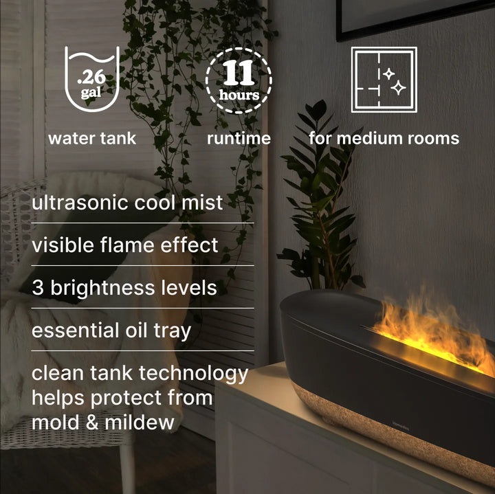 ultrasonic cool mist, visible flame effect, 3 brightness levels essential oil tray, clean tank technology helps protect from mold & mildew