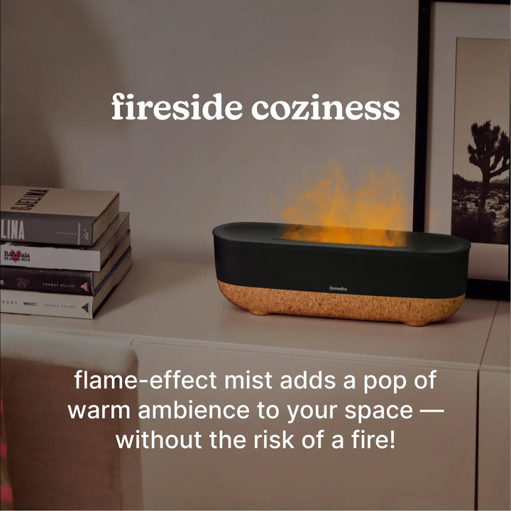 fireside coziness -flame-effect mist adds a pop of warm ambience to your space - without the risk of a fire!