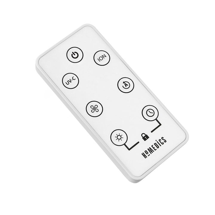 Black | Close-up view of the remote control for the black Homedics TotalClean 5-in-1 UV-C Deluxe Large Room Air Purifier