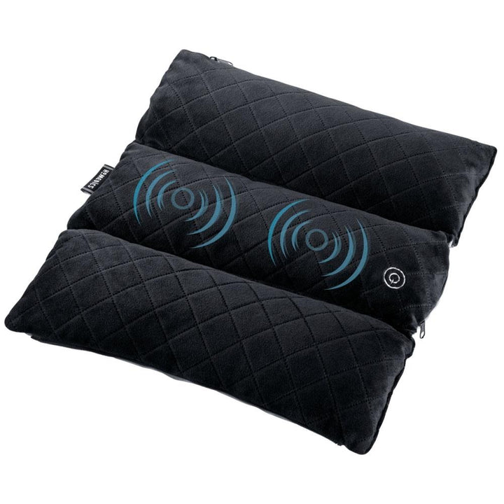 Angled view of the Homedics Thera-P Versatile Vibration Massage Pillow with graphics