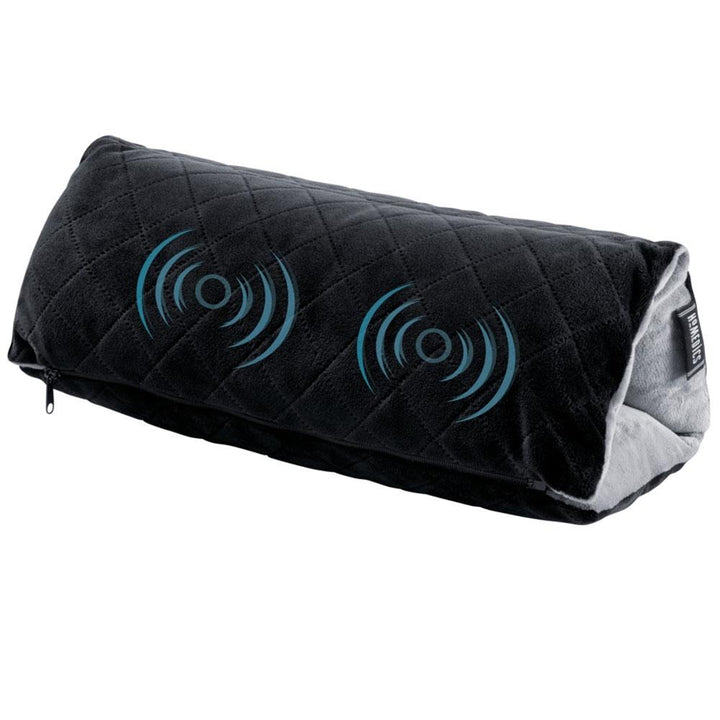 Angled view of folded Homedics Thera-P Versatile Vibration Massage Pillow with graphics