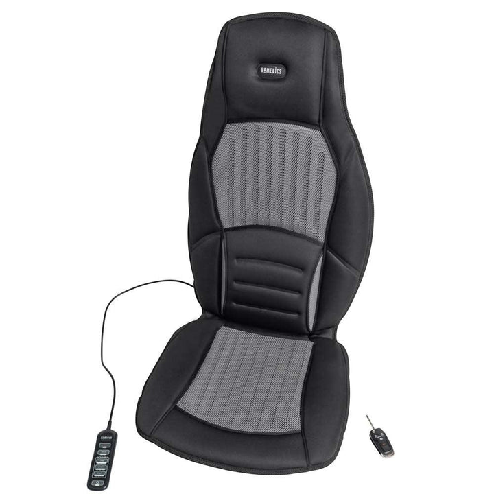 Angled view of the Homedics Mobile Comfort Perfect Temp Travel Cushion with controller