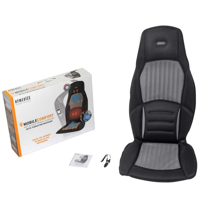 Front view of the Homedics Mobile Comfort Perfect Temp Travel Cushion with accessories and box