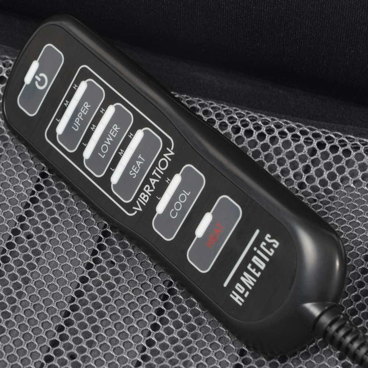 Close-up view of the controller for the Homedics Mobile Comfort Perfect Temp Travel Cushion
