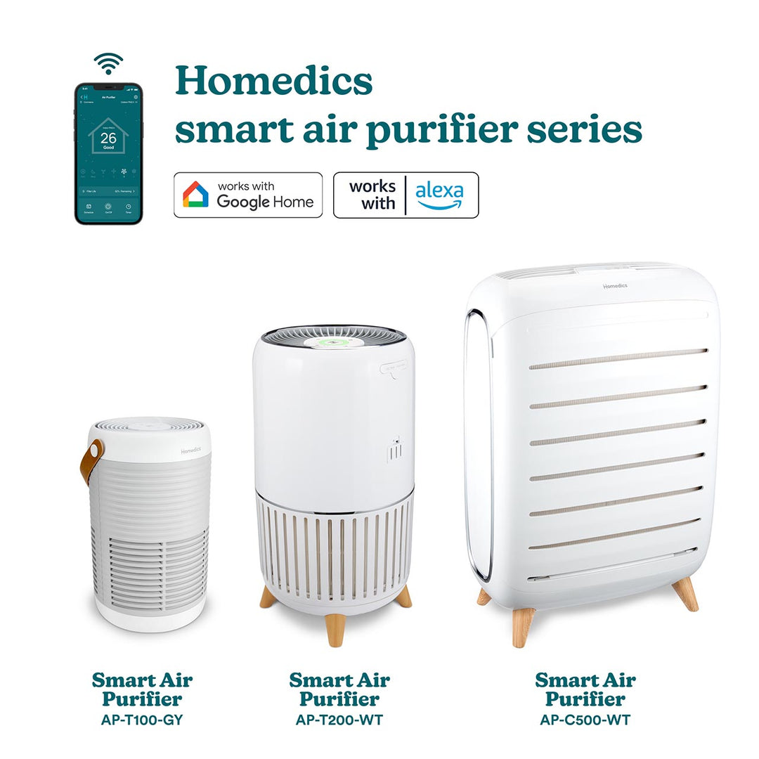 Full length front view of Smart Air Purifier C500 in comparison with two other models of Homedics smart Air Puifiers series