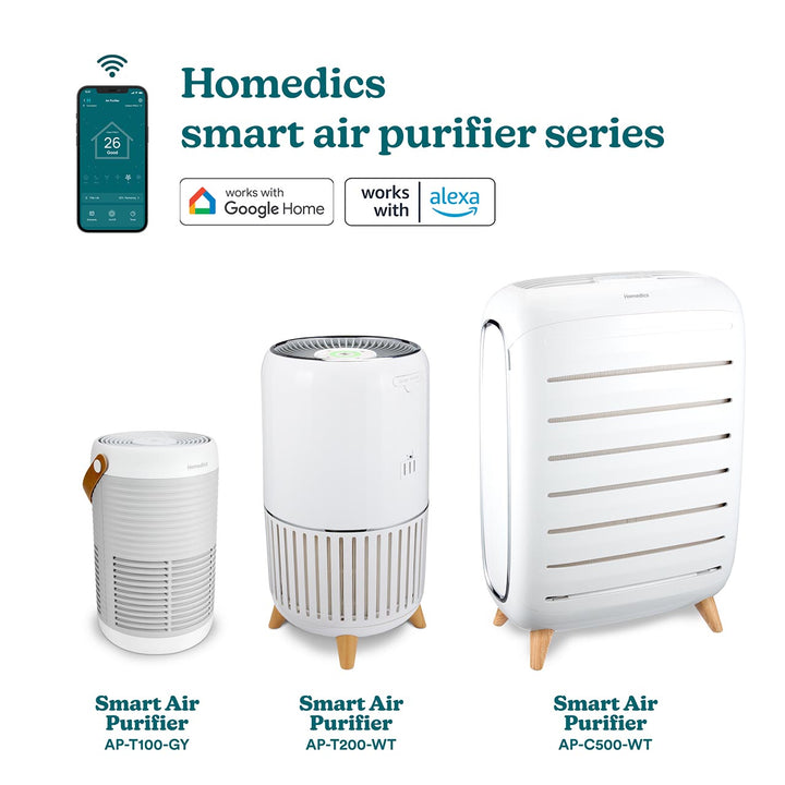 Full length front view of Smart Air Purifier C500 in comparison with two other models of Homedics smart Air Puifiers series