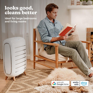 Man sitting on chair reading a book beside the Smart Air Purifier C500, which is ideal for large bedrooms and living rooms, while a dog rests on the carpet.