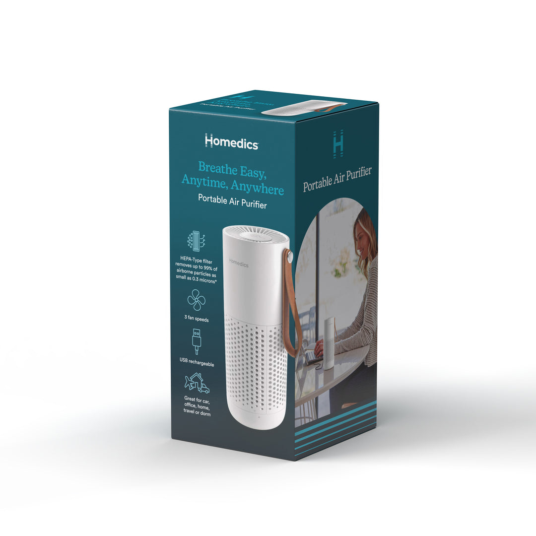 White | Boxed image of Homedics Portable Air Purifier