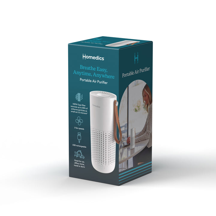 White | Boxed image of Homedics Portable Air Purifier