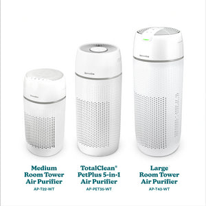 Full length front view of Homedics TotalClean PetPlus 5-in-1 Air Purifier in comparison with two other models of Air Puifiers