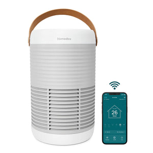 Smart Air Purifier T100 purifies the air while a woman lays in bed and uses her smart phone to access the controls