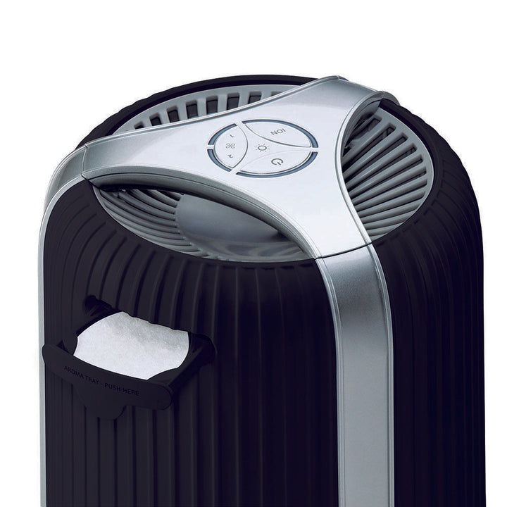 Black | Close-up view of the essential oils tray on the black Homedics TotalClean 4-in-1 Small Room Air Purifier