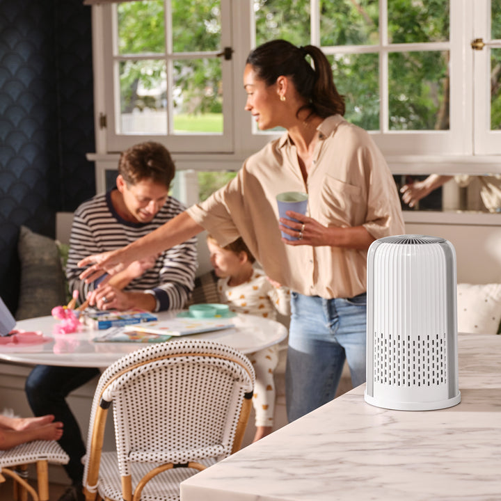 Image shows Homedics Air Purifier T12 placed in a room with family having a nice time