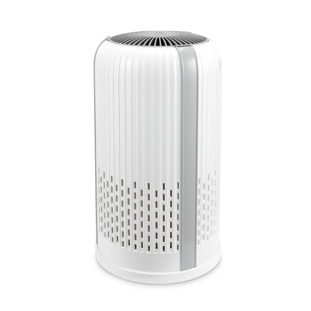 TotalClean® HEPA Small Room Air Purifier purifies living room air while a guy does some work from the couch