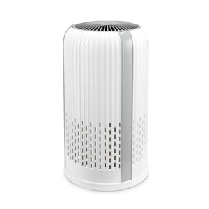TotalClean® HEPA Small Room Air Purifier purifies living room air while a guy does some work from the couch