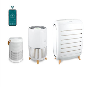 Full length front view of Smart Air Purifier T200 in comparison with two other models of Homedics smart Air Puifiers series
