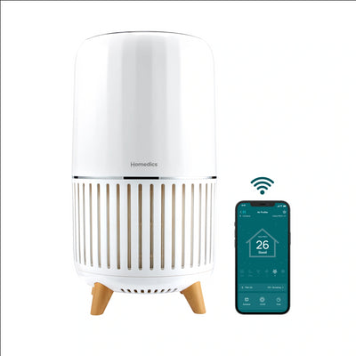 Couple laying on bed with pet next to the Smart Air Purifier T200 placed on the side table. Removes 99.97% of airborne allergens