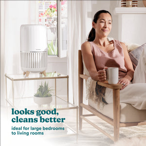 Smart Air Purifier T200 with features listed. Pre-filter, True hepa Filter, Activated Carbon Filter, UV-C Technology