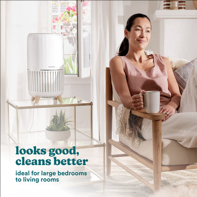 Smart Air Purifier T200 with features listed. Pre-filter, True hepa Filter, Activated Carbon Filter, UV-C Technology