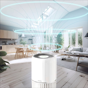 Women sitting next to the Smart Air Purifier T200 placed on the side table. Smart Air Purifier T200 is ideal for large bedrooms and living rooms