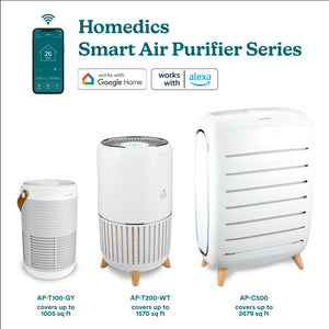 Full length front view of Smart Air Purifier T200 in comparison with two other models of Homedics smart Air Puifiers series
