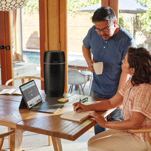 Black | Medium Room Tower Air Purifier T22 works in the background as the woman shows her husband something on the laptop