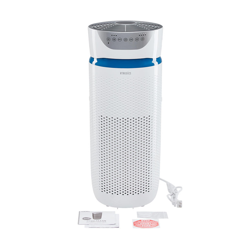 White | Angled view of the white Homedics TotalClean 5-in-1 UV-C Large Room Air Purifier with accessories