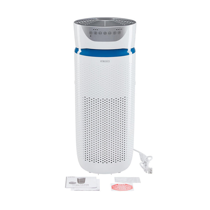 White | Angled view of the white Homedics TotalClean 5-in-1 UV-C Large Room Air Purifier with accessories