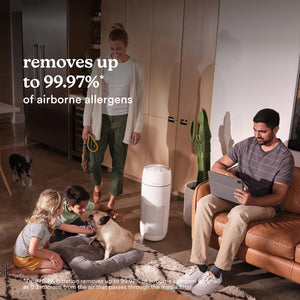 Man sitting on couch next to theTower Air Purifier T43 that removes 99.97% airborne allergens.