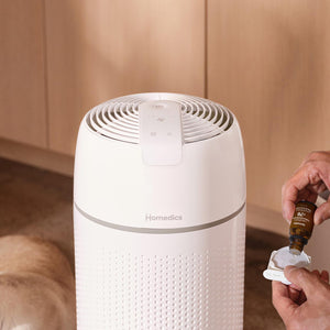 Front close-up view of the Large Room Tower Air Purifier T43 also works well with Homedics essential oils in the diffuser tray
