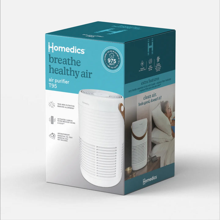 Blue packaged box of the Air Purifier T95 displaying the product details
