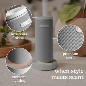 Grey | SereneScent™ Mini Fabric Rechargeable Waterless Diffuser comes with luxurious finish, premium fabric, ambient lighting