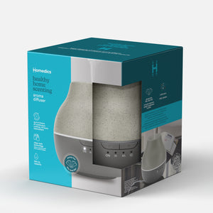 A blue and grey colored packaging box for Homedics® aroma diffuser with information on box. A product is partially seen through packaging.