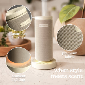Beige | SereneScent™ Mini Fabric Rechargeable Waterless Diffuser comes with luxurious finish, premium fabric, ambient lighting